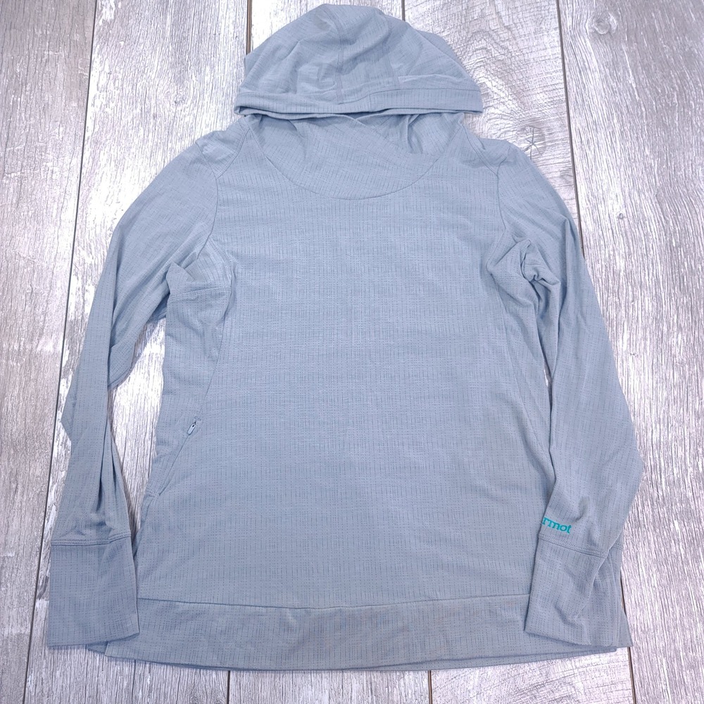 Marmot Hoodie Women Large Blue Gray Lightweight Grid Fleece Pullover Activewear